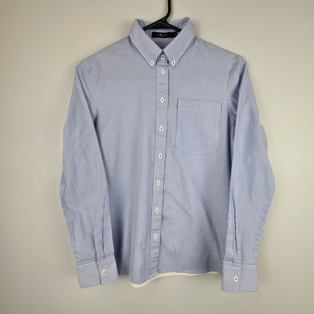 G2000 Woman Pinstripe Button Down Collared Shirt Size 34 Back Incert Blue White
